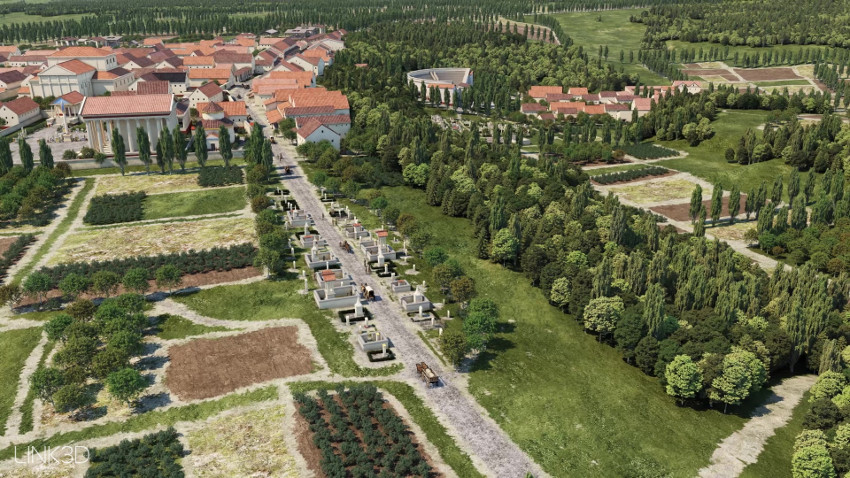 Luftbild mit römischer Gräberstraße vor Vicus Dalheim